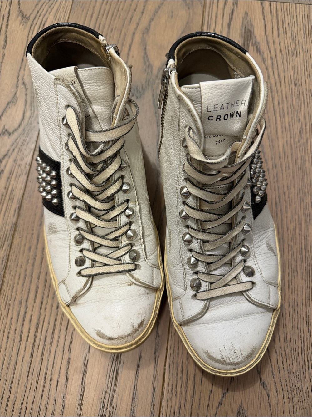Vintage Leather Crown White Studded High-Top Sneakers with Black Accent